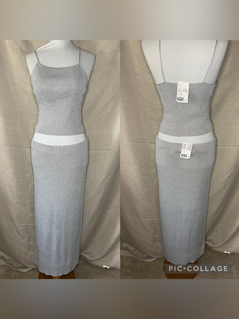 Silver Metallic Knit Two-Piece Tank & Skirt Set
